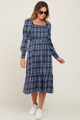 Navy Plaid Puff Sleeve Midi Dress