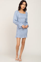 Light Blue Ditsy Floral Smocked Long Sleeve Mini Dress