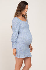 Light Blue Ditsy Floral Smocked Long Sleeve Maternity Mini Dress