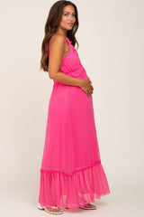 Pink Chiffon Ruffle Accent Halter Maternity Maxi Dress