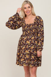 Mocha Floral Smocked Tie Back Maternity Dress