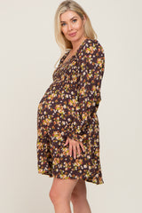 Mocha Floral Smocked Tie Back Maternity Dress