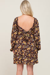 Mocha Floral Smocked Tie Back Maternity Dress