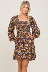 Mocha Floral Smocked Tie Back Maternity Dress