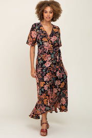 Black Floral Chiffon Wrap Maxi Dress