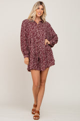 Burgundy Floral Button Down Tiered Mini Dress