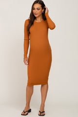 Camel Ribbed Long Sleeve Maternity Midi Dress