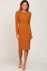 Camel Ribbed Long Sleeve Midi Dress