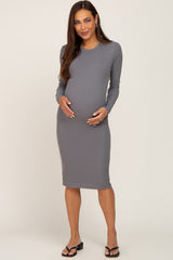 Grey Ribbed Long Sleeve Maternity Midi Dress