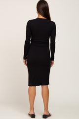 Black Ribbed Long Sleeve Maternity Midi Dress