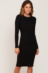 Black Ribbed Long Sleeve Maternity Midi Dress