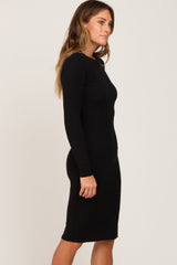 Black Ribbed Long Sleeve Midi Dress