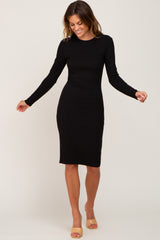 Black Ribbed Long Sleeve Midi Dress