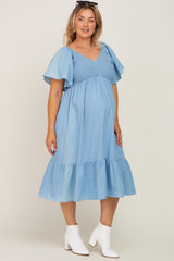 Blue Smocked Ruffle Hem Plus Maternity Midi Dress