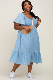 Blue Smocked Ruffle Hem Plus Midi Dress