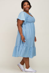 Blue Smocked Ruffle Hem Plus Midi Dress