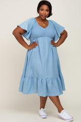 Blue Smocked Ruffle Hem Plus Midi Dress