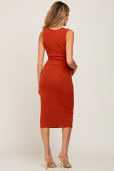 Rust Ribbed Front Twist Maternity Midi Dress