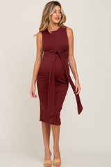 Burgundy Ribbed Front Twist Maternity Midi Dress