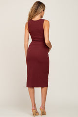 Burgundy Ribbed Front Twist Maternity Midi Dress