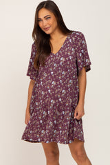 Plum Floral V-Neck Maternity Dress