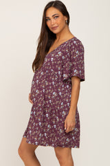 Plum Floral V-Neck Maternity Dress