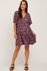 Plum Floral V-Neck Maternity Dress