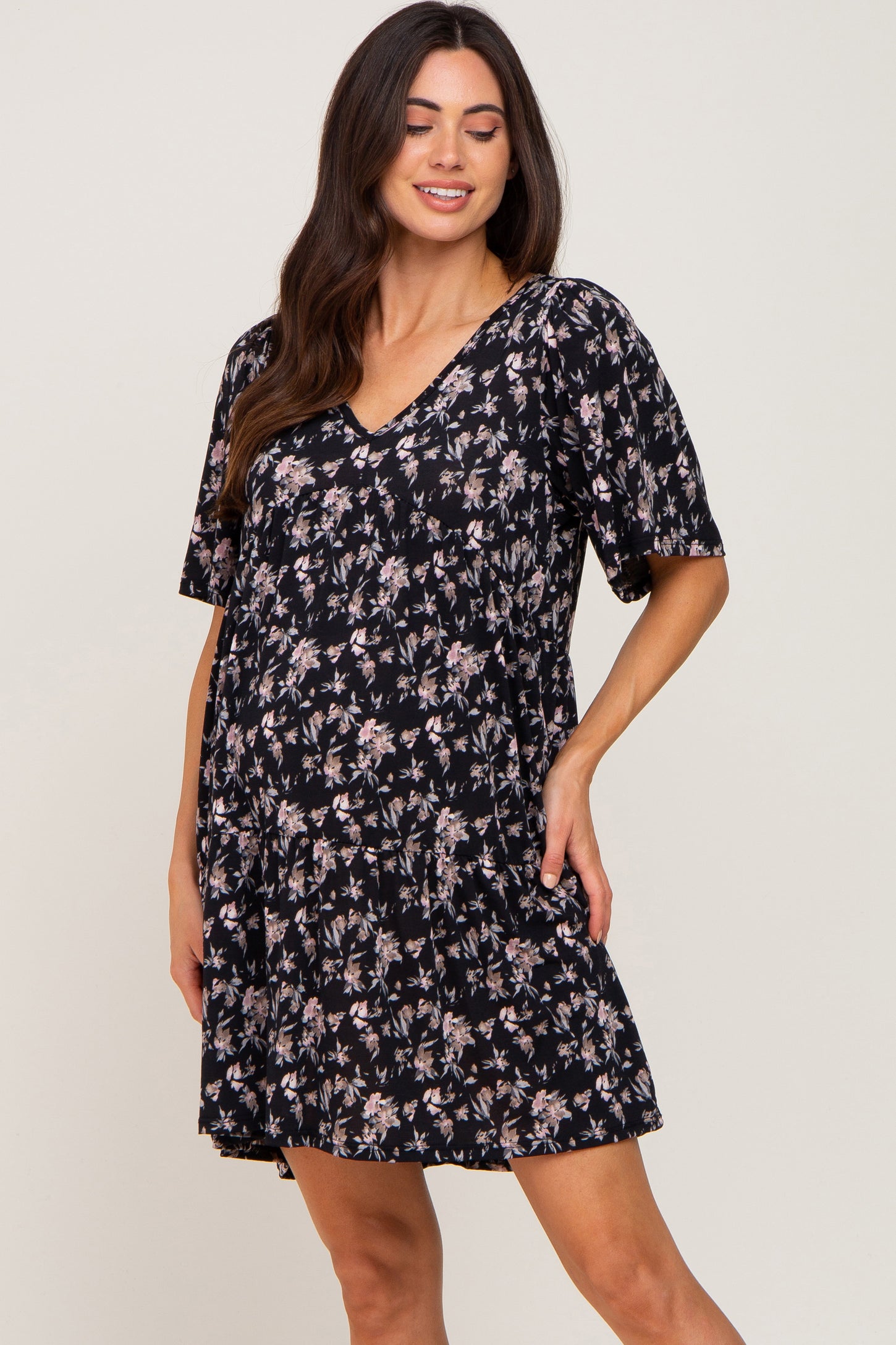 Black Floral V-Neck Maternity Dress– PinkBlush