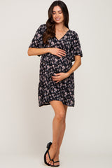 Black Floral V-Neck Maternity Dress