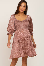 Mocha Floral Satin Smocked Maternity Dress