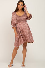 Mocha Floral Satin Smocked Maternity Dress