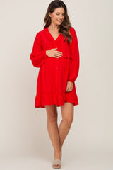 Red Button Down Ruffle Accent Maternity Dress