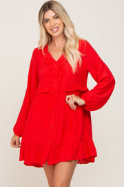 Red Button Down Ruffle Accent Dress