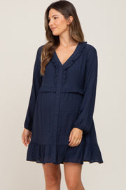 Navy Button Down Ruffle Accent Maternity Dress