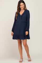 Navy Button Down Ruffle Accent Maternity Dress