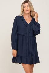 Navy Button Down Ruffle Accent Maternity Dress