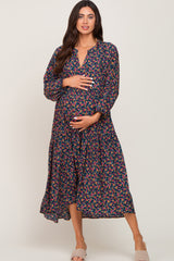 Teal Floral Maternity Tiered Midi Dress