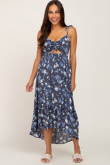 Navy Floral Cinched Front Cutout Maternity Midi Dress