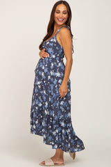 Navy Floral Cinched Front Cutout Maternity Midi Dress