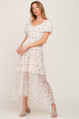 Cream Floral Button Accent Puff Sleeve Maxi Dress