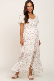 Cream Floral Button Accent Puff Sleeve Maternity Maxi Dress