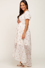 Cream Floral Button Accent Puff Sleeve Maternity Maxi Dress