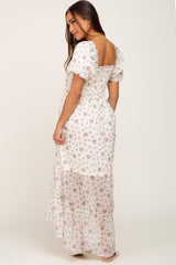 Cream Floral Button Accent Puff Sleeve Maternity Maxi Dress