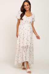 Cream Floral Button Accent Puff Sleeve Maternity Maxi Dress