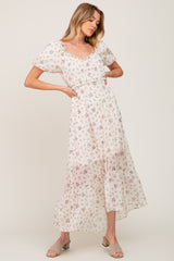 Cream Floral Button Accent Puff Sleeve Maternity Maxi Dress