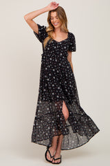 Black Floral Button Accent Puff Sleeve Maxi Dress