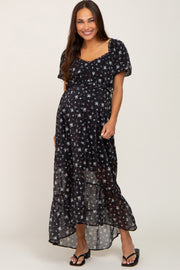 Black Floral Button Accent Puff Sleeve Maternity Maxi Dress