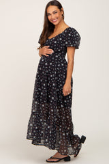 Black Floral Button Accent Puff Sleeve Maternity Maxi Dress