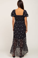 Black Floral Button Accent Puff Sleeve Maternity Maxi Dress