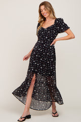 Black Floral Button Accent Puff Sleeve Maternity Maxi Dress